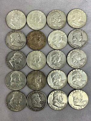 1950's & 1960's Ben Franklin Half Dollars, 20. One roll, 20 U.S. Coin Currency coins, Ben