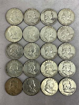 1950's & 1960's Ben Franklin Half Dollars, 20. One roll, 20 U.S. Coin Currency coins, Ben