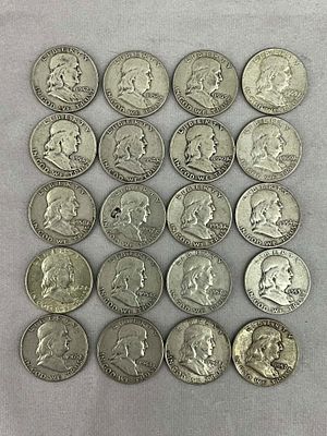 1950's & 1960's Ben Franklin Half Dollars, 20. One roll, 20 U.S. Coin Currency coins, Ben