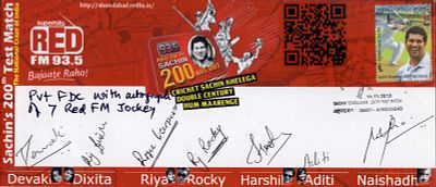 ASM 68556M Pvt FDC With Autograph Of Jockey &amp; Red FM On Sachin Tendulkar 200 Test