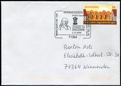 ASM - 1030 Germany 2009 Gandhi Special Cancellation On Cover. Rarely Found.