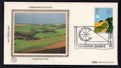 ASM - 1036 England Commonwealth Day Silk FDC Cancelled With Gandhi Spinning Wheel .
