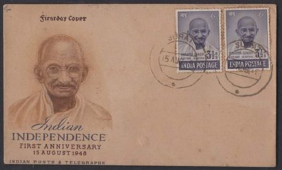 ASM - 1038 Gandhi 2x 3.1/2Anna SURAT 15th Aug 1048 Cancelled FDC