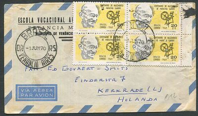ASM - 1043 Brazil 1970 Gandhi Bolck Of 4 Stamps Used On Cover To Holland
