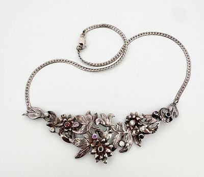 Silver Diamond & Gemstone Necklace. 950 silver and 14k gold floral necklace with bezel set 