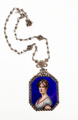 German Sterling Silver Portrait Necklace. German sterling silver and marcasite necklace with 