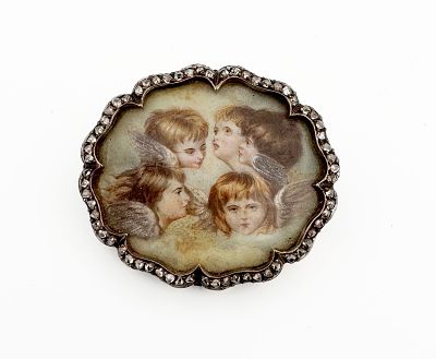 Antique 14k Silver & Diamond Miniature Painting Brooch. Antique 14k and silver brooch with 