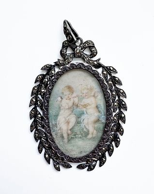 Antique Silver Miniature Painting Pendant. Antique silver marcasite pendant with miniature 