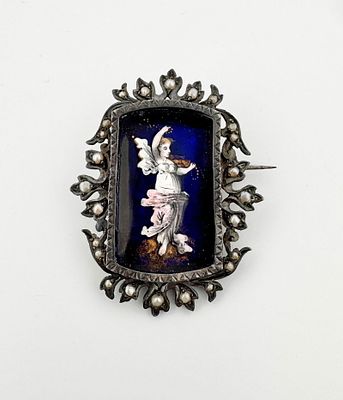 Silver Enamel & Pearl Brooch. Silver and see pearl brooch with painted enamel of a female 