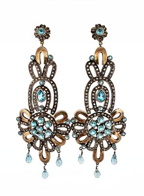 14k Gold & Silver Topaz Earrings. 14k, silver, and topaz 
20g 
92mm long