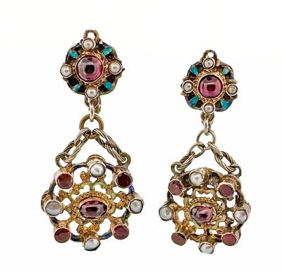 14k Gold & Silver Renaissance Revival Earrings. 14k gold and silver enamel earrings with garnet 