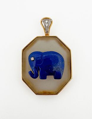 18k Lapis & Diamond Elephant Pendant. 18k yellow gold 
19.3g 
50mm long