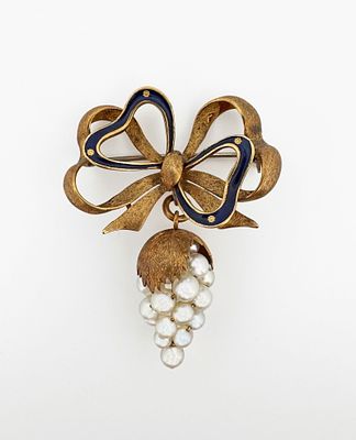 18k Enamel Pearl Bow & Grape Brooch. 18k yellow gold and enamel bow motif brooch with a pearl 