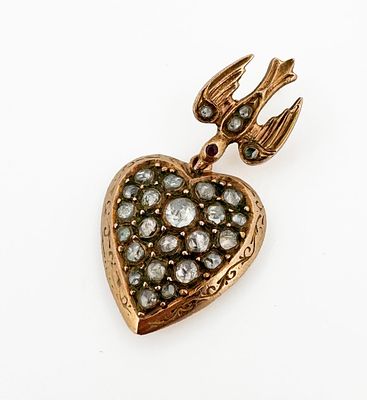 Antique 14k Diamond Bird & Heart Pendant. Antique 14k foil back rose cut diamond swallow and 