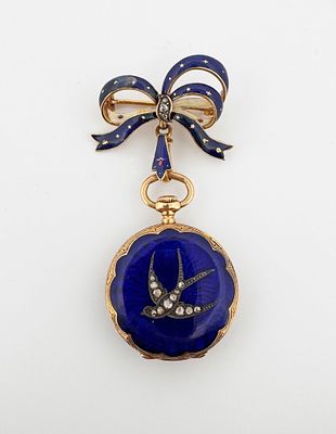 Antique French 18k Enamel Diamond Watch Brooch. 18k yellow gold blue enamel and rose cut diamond 