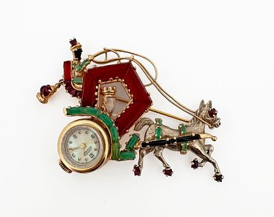 Lucien Piccard 14k Carriage Watch Brooch. 14k yellow and white gold gemstone carriage brooch 