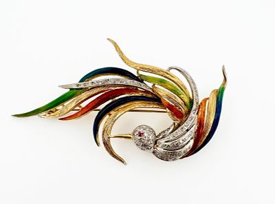 18k Enamel Diamond Bird of Paradise Brooch. Italian 18k yellow and white gold enamel brooch set 