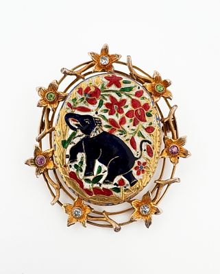 14k Gold Enamel Gemstone Brooch. 14k gold brooch set with an enamel painted plaque surrounded by 