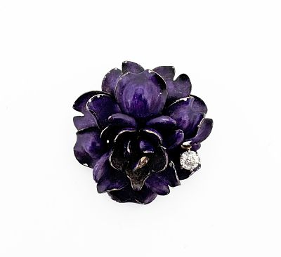 14k Enamel Diamond Cabbage Rose Pendant Brooch. 14k yellow gold and purple enamel pendant/brooch 