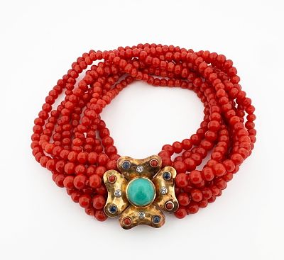 18k Coral & Gemstone Bracelet. Coral multi strand bracelet with 18k yellow gold clasp featuring 