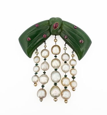 14k Silver Jade, Ruby, & Pearl Brooch. 14k and silver brooch with a carved jade bow motif with 