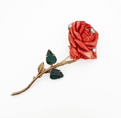 14k Carved Coral & Diamond Rose Brooch. 14k yellow gold carved coral rose with jade leaves and 