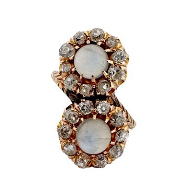 14k Victorian Moonstone & Diamond Toi et Moi Ring. Antique 14k gold toi et moi ring with 