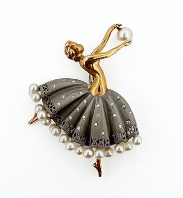 14k Pearl Diamond Ballerina Brooch. 14k yellow and white gold ballerina brooch with diamonds and 