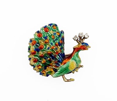 14k Enamel Peacock Brooch. 14k 
10.1g 
33mm