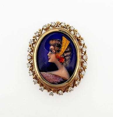French 14k Painted Enamel & Diamond Brooch. 14k yellow gold brooch with a French painted enamel 