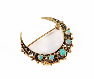 Antique 14k Crescent Moon Opal Brooch. Antique 14k yellow gold crescent moon opal brooch. 