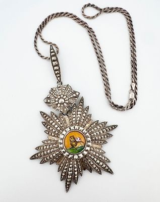 Silver Enameled Qajar Order of the Lion & Son Badge Necklace. Silver and enamel Iran Order of 