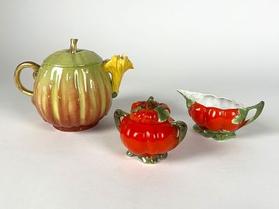 Vegetable Motif Porcelain Tea Group. Tea group including a teapot, sugar, and creamer. Tomato 