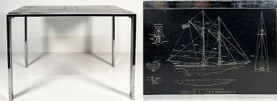 Isiah L. Jefferson Grand Banks Fisherman Slate & Chrome Table. Chrome table featuring an etched 
