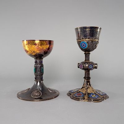 Two Silver Gilt Chalices. French enameled silver gilt chalice 
Fraefel &amp; Co. Swiss 800 