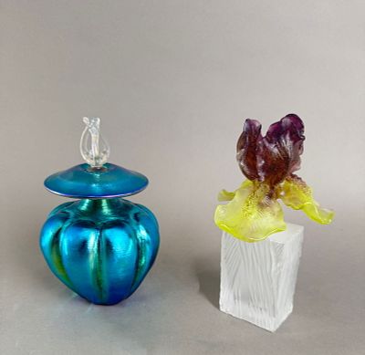 Steuben & Daum Glass Perfume Bottles. Steuben blue aurene perfume bottle and Daum iris perfume 