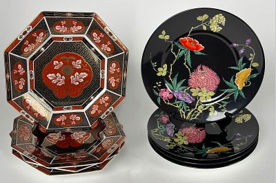 Eight Porcelain Plates. Two sets of plates: 
Four Arnart Golden Empress, 
Four Ceralene Raynaud 