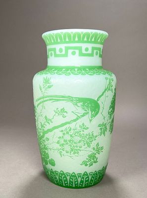 Steuben Jade Glass Acid Cut Vase. Steuben jade green and alabaster acid cut vase, drilled for 