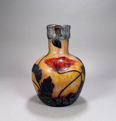 Daum Silver Rimmed Carved Cameo Glass Vase. Daum Nancy France wheel carved cameo glass vase with 