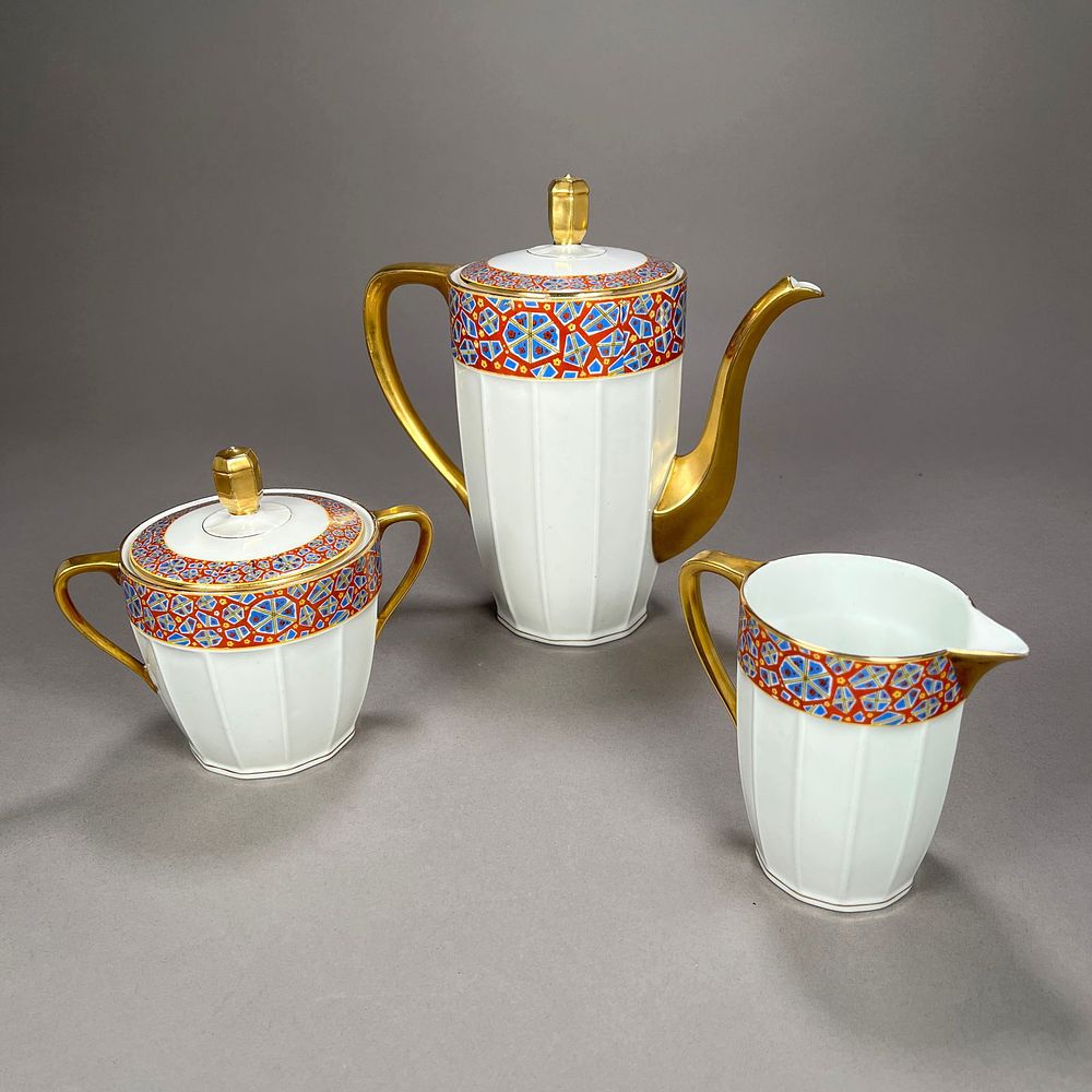 Limoges France Art Deco Porcelain Coffee Set. A Limoges France porcelain coffee set that 