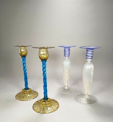 Two Pairs of Steuben Glass Candlesticks. Two pairs of Steuben glass candlesticks. 
12” height 