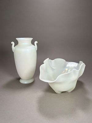 Two Steuben Ivrene Glass Vessel. Two Steuben Irvene glass vessels including a vase and a bowl 