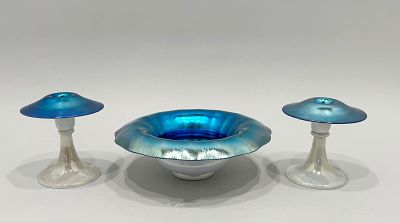 Carder Steuben Glass Candlesticks & Bowl. Carder Steuben glass blue aurene on calcite bowl and 