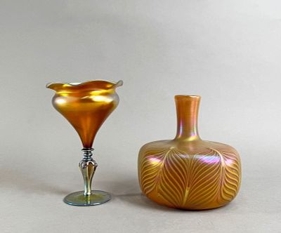Two Iridescent Art Glass Vases. Two iridescent art glass vases, one marked Aurene R912, the 