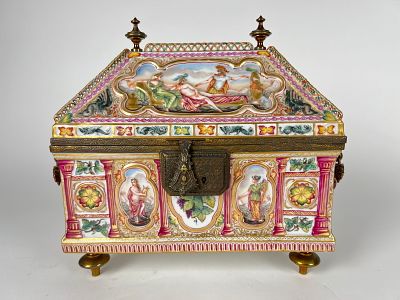 Capodimonte Porcelain Casket. Bronze-mounted Capodimonte polychrome and gilt porcelain coffer or 