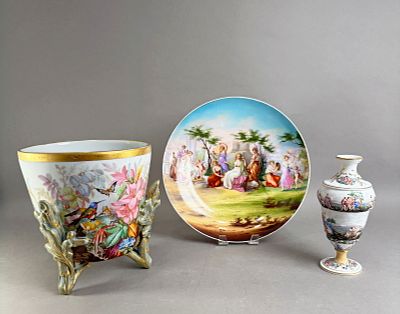 Group of Decorative Porcelain. Three pieces of porcelain: 
Polychrome gilt cache pot 