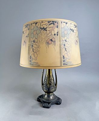 Reverse Painted Arts and Crafts Drum Lamp. Reverse painted Arts and Crafts glass drum shade on a 