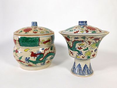 Two Chinese Doucai Porcelain Lidded Vessels. Two Chinese Doucai porcelain lidded vessels. Both 