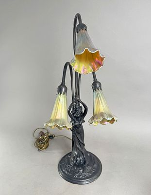 Art Nouveau Tiffany Style Lily Figural Table Lamp. Art Nouveau Tiffany style lamp featuring 