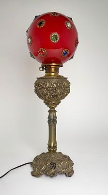 Victorian Jeweled Cranberry Glass Banquet Lamp. Victorian table lamp featuring a cranberry glass 